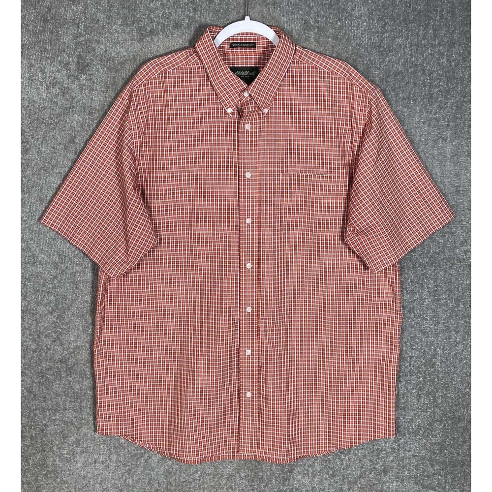 Eddie Bauer Button Down Shirt Mens Size XLT Orange Red Plaid Pocket Short Sleeve